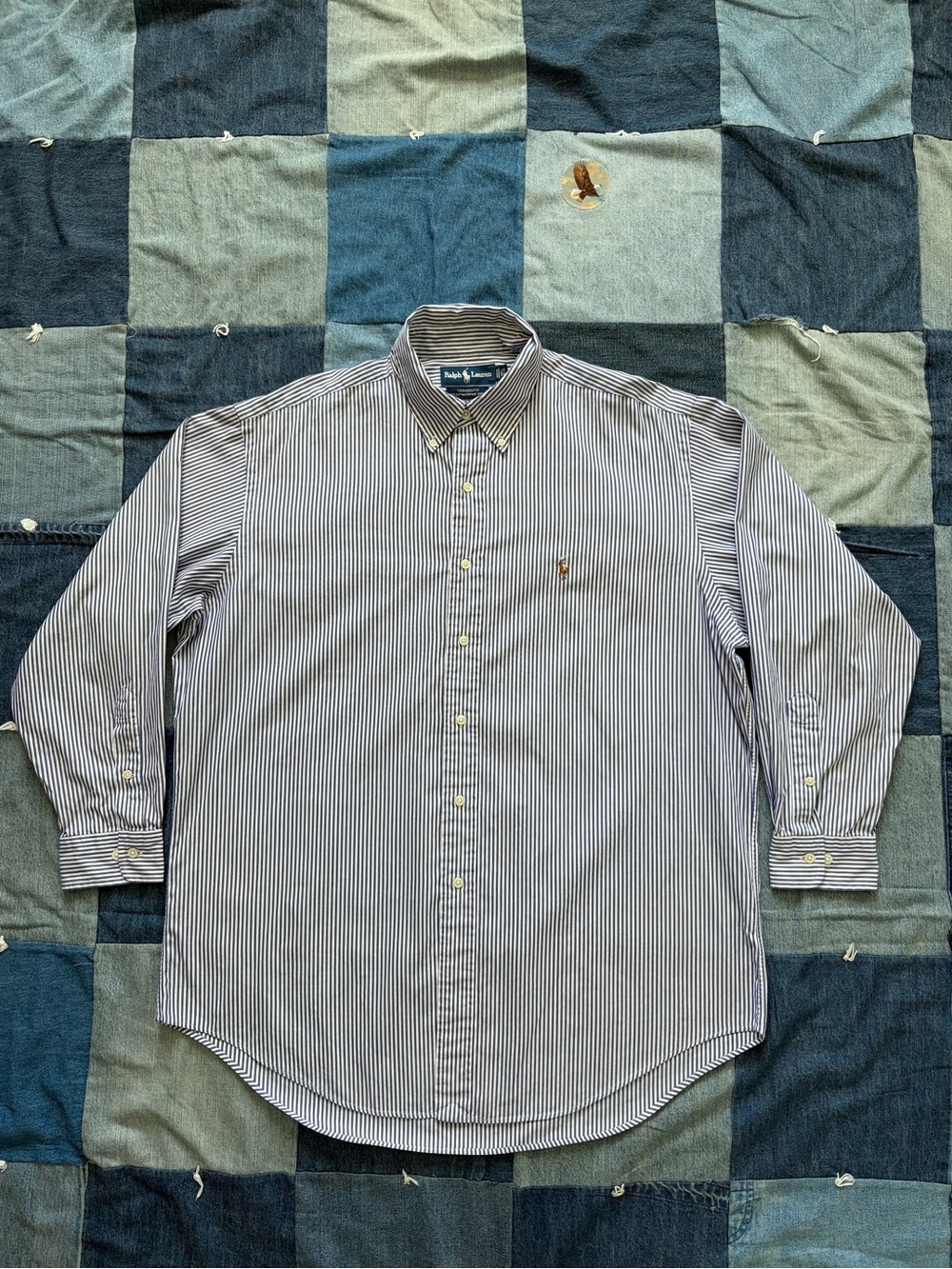 Ralph Lauren vtg striped Yarmouth cotton Oxford blue white pony button down 16.5